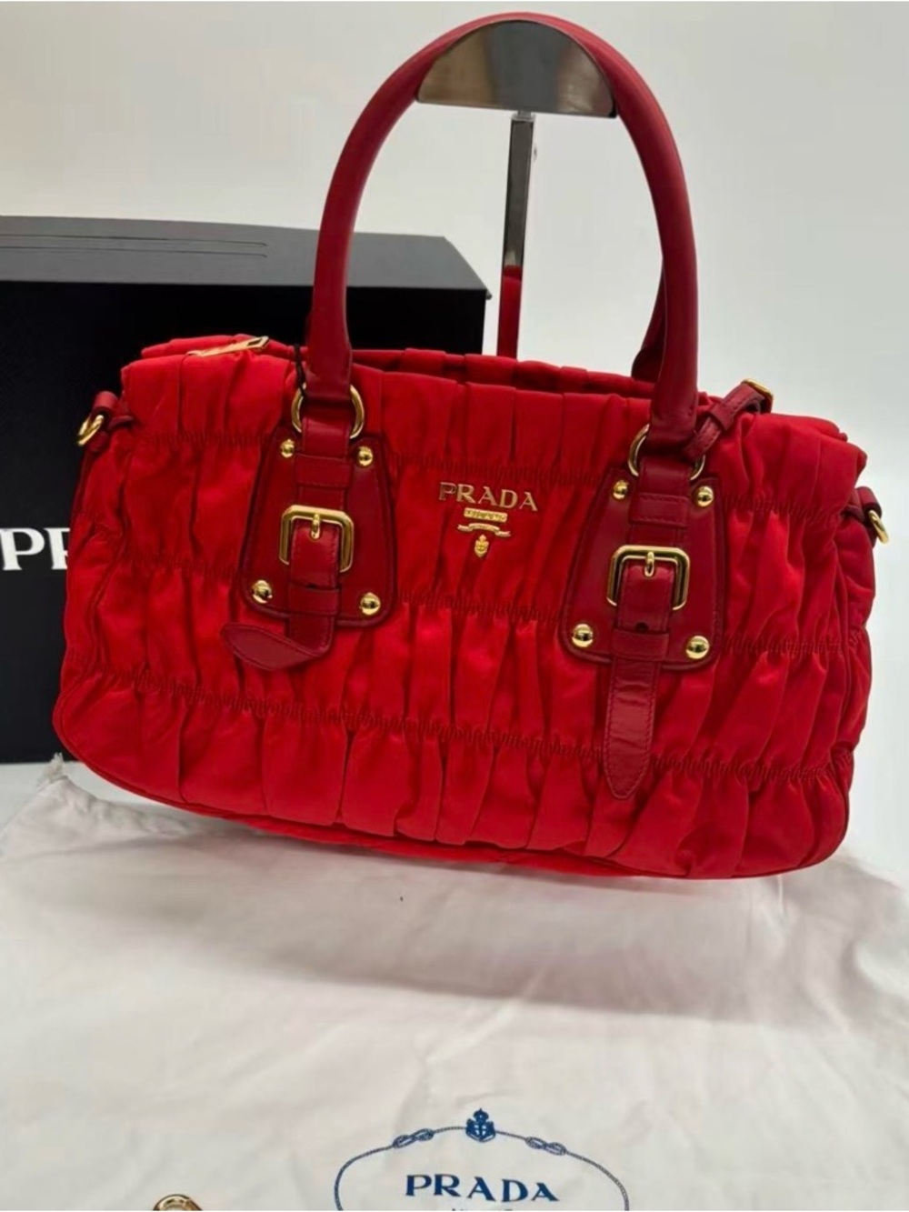 Prada Red Ruched Shoulder Bag with Gold-Tone Accents
